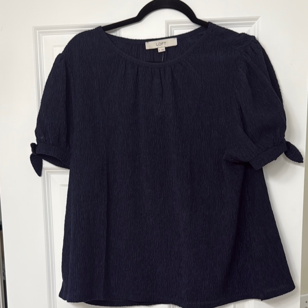 LOFT Blue Puff Sleeve Blouse with Tie Front